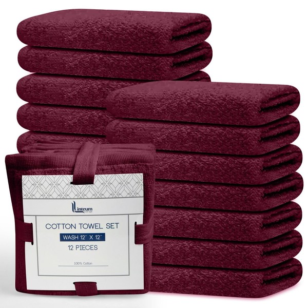 Linteum Textile Premium Wash Cloths Set - 12x12 Inches (12 Pack) Burgundy - 100% Cotton Ring Spun Washcloths, Highly Absorbent & Soft Feel Face Towels for Bathroom, Spa and Gym, Zero Twist