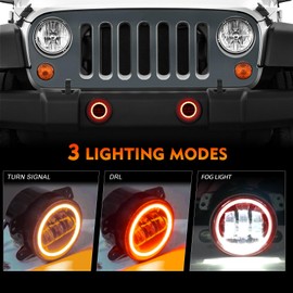 BEEYEO 4 Inch LED Fog Lights 60W High-Intensity Off-Road Fog Light for 2007-2017 Wrangler Unlimited JK JKU TJ LJ, 4 Inch Round Fog Lights w/DRL & Amber Turn Signal, Red 2 PCS