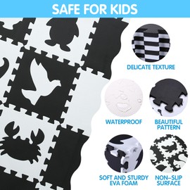 Foam Play Mat for Kids，25Pcs Square Interlocking Puzzle Floor Mat，Baby Play Mat Floor Mat Foam Puzzle Playmat for Toddlers with Fence - Black Animals