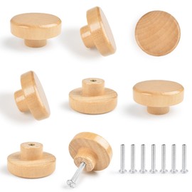 Wooden Drawer Knobs, 8 PCS Wooden Knobs for Dresser, Flat Top Round Wood Drawer Pulls, Wooden Cabinet Knobs with Screw for Drawer Wardrobe Dresser, Cupboard