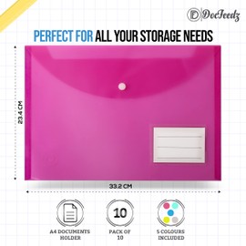 DocFeedz Plastic Wallets A4 - Pack of 10 Waterproof Plastic Folders for Documents 33.2 x 23.4 cm - 5 Assorted Colours Popper Wallet A4 with Snap Button and Label for Home, Office, School and Travel
