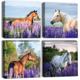 OTOSTAR 4 Pieces Wall Art Canvas Prints - Purple Lavender and Horse Picture Painting - Modern Wall Artwork Framed for Gifts Bathroom Home Kitchen Office Decor - 12 x 12 Inch