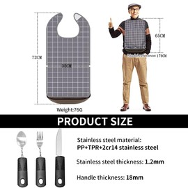 4 Pack Adult Bibs for Eating Waterproof Clothing Protector & 3 Pack Adaptive Utensils Parkinsons Utensils for Elderly Non-Slip Easy Grip Handles Right Handed Curved Spoon Fork Set Eat Independently