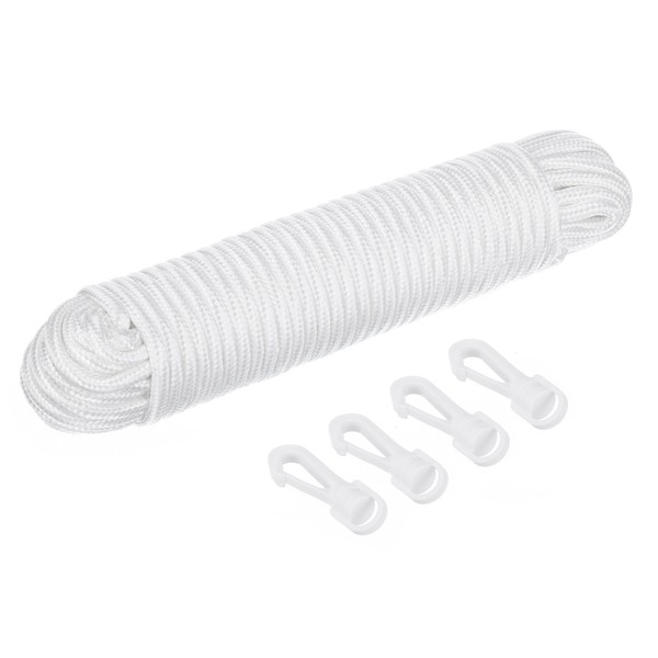 Katai Flag Pole Rope Kit - 80ft 1/4 Inch Thick Nylon White Halyard Rope for Flagpole - Complete with 4 Hook Clips