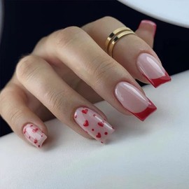 Valentine's Day Press On Nails Medium Square, 24Pcs Valentines Glossy Fake Nails Red French Tips Red Heart Designs Stick On Nails Ballerina Nails for Women Girls Valentine's Day Nail Accessories