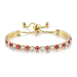 YIFSIY Tennis Bracelet for Women Men 18K Yellow Gold Plated Red Devil's Eye Adjustable Bracelet Gifts for Birthday Mother's Day