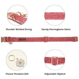 Elegant Little Tail Dog Collar - Red Herringbone Cotton Adjustable Pet Collar for Small Medium Large Dogs