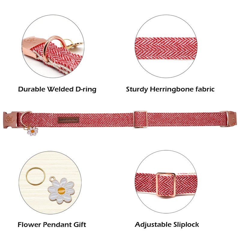 Elegant Little Tail Dog Collar - Red Herringbone Cotton Adjustable