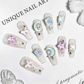 JODSONE Uñas Postizas Cuadradas Con Diamantes De Imitación Y Estrellas Azules Y Moradas Para Manicura De Dedos Para Mujeres Y Niñas (Tamaño Pequeño)