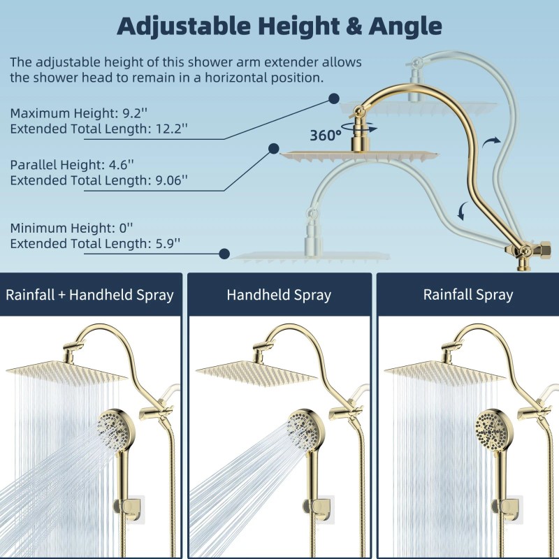 Hibbent 10 Inch High Pressure Rainfall Shower Head Handheld Gold