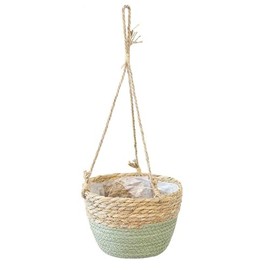 Blumentöpfe Hängende, Seegras Pflanzentopf, Hängender Pflanzerkorb, Handgewebt Blumenampel Pflanzenaufhänger mit Hängendem Seil für Sukkulenten, Kakteen, Kräuter im Innen- und Außenbereich (Grün F)