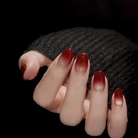 24 Pcs Red Press on Nails Medium Fake Nails Glitter Glue on Nails with Elegant Red Gradient Design False Nails Full Cover Acrylic Artificial Nails Glitter Reusable Stick on Nails for Women Girls