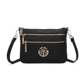 Ladies Crossbody Bag, Double Zipper Pockets, Faux Leather with Gold Metal Medallion, Adjustable Shoulder Strap (Black)