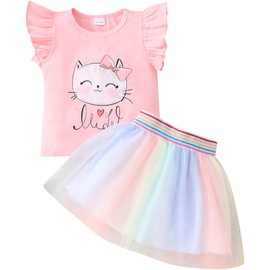 RETSUGO Girls 2pc Pink Skirt Set Summer Birthday Outfit Flutter Cat Shirt Toddler Rainbow Tulle Skirts Kids Kitten Tutu Dress 5-6 Years