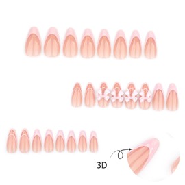 3D Bow Tie Acrylic Fake Nails 24Pcs Valentines Press on Nails Medium Almond Glossy Pink French Tips False Nails Pink Curve Line Stick on Nails Romantic Gift Gel Glue on Nails for Coquette Women Girls