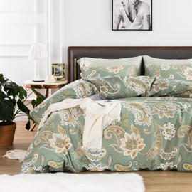 YuHeGuoJi 3 Pieces Duvet Cover Set 100% Cotton Queen Size Green Boho Paisley Bedding Set 1 Retro Bohemian Floral Print Duvet Cover with Zipper Ties 2 Pillowcases Hotel Quality Soft Breathable Durable