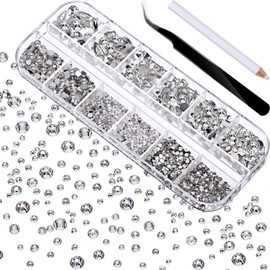 Rhinestones 2000 Pieces Flat Back Rhinestone Rhinestones in 6 Sizes (1.5-6 mm) for Crafts with Tweezers and Pen for Nail Studio