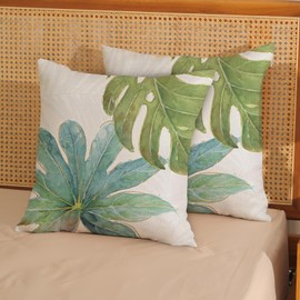Green Tropical Leaves Pillow Covers 20x20 Set of 2, Monstera Palm Leaf Decor Farmhouse Pillowcase Botanical Plant Spring Summer Throw Pillows Linen Outdoor Decorations Cushion Covers for Home