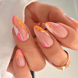 Orange Press on Nails Medium Almond Fake Nails Gold Line Swirl Design Pink Yellow Wave Glossy Glue on Nails French Tips Stick on Nail Aritificial Acrylic Full Cover False Nails for Women 24Pcs