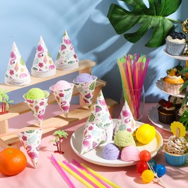 Boao 100 Pieces Snow Cone Cups 4.5 OZ Leakproof Matching 100 Pieces Spoon Straws for Snow Cone Syrups Slush Shaved Ice Cream Sorbet Water(Multicolor,Flamingo)