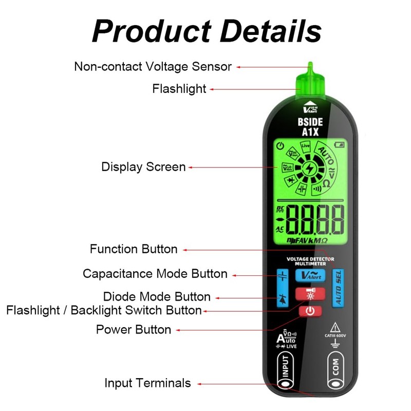 Digital Multimeter with 1999 Counter, Voltmeter for AC/DC Voltage, Current,