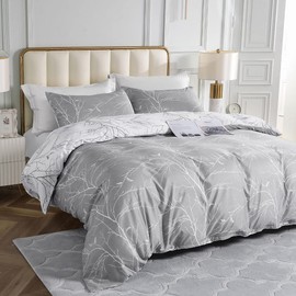 Lekesky Bed Linen 220 x 240 cm, Bed Linen 3-Piece Duvet Cover, Branch and Leaf Motif Bed Linen Set 220 x 240 cm Microfibre with Pillowcase with Zip 80 x 80 cm x 2, Grey/White
