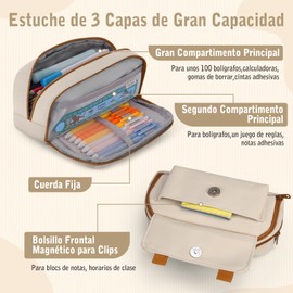 KTMOUW Estuche para Lápices Grande con 3 Compartimentos Bolsa para Lápices de Papelería para la Escuela Adolescentes Niñas Niños Hombres Mujeres(Beige)