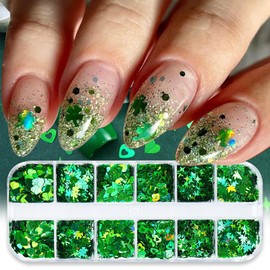 LBPEPAMZ 1Box St. Patrick's Day Nail Art Glitter Sequin 3D Laser Shamrock Star Love Heart Nail Glitters Flakes Green Holographic Hallow Heart Nail Art Sequins Nail Art Decals for Women Nail Decor