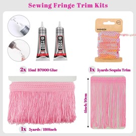 Yhsheen Pink Fringe, 5 Yards X 4 Inch Fringe Trim with B7000 Glue, Tassels Trim for Crafts, Polyester Fibre Sewing Fringe Trim(Pink)