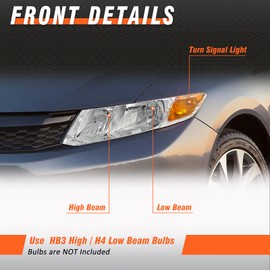 AXLAHA Headlights Assembly for 2012 2013 2014 2015 Honda Civic Sedan 4dr - Chrome Housing, Amber Reflector - Headlamp Replacement for 2012-2013 Civic 2Dr Coupe - Driver and Passenger Side