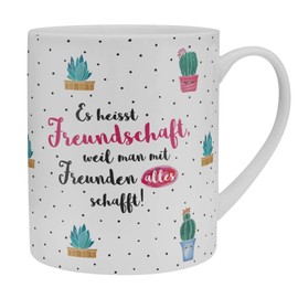 XL-Tasse mit Kaktus "Freundschaft": Extra große Tasse aus Porzellan mit Motivdruck, in Geschenk-Banderole aus Pappe