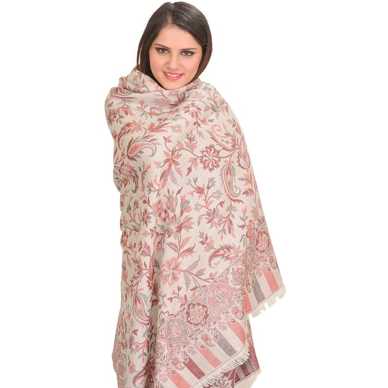 Exotic India Reversible Jamawar Shawl from Amritsar with Woven Flowers