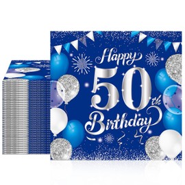 40 PCS Birthday Napkins,50th Birthday Napkins for Boys and Girls Disposable丨Cheers to 50 Years,Happy 50th Theme Party Decorations Supplies(Blue and Silver)