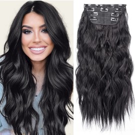 Black 20 Inch Thick Hairpieces Long Wavy Natural Synthetic Clip in Hair Extensions, for Women (4pcs, 20Inch, 1B#)