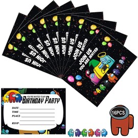 zt.77 16PCS Among Us Invitation Card,Among Us Party Decoration for Birthday Party Invitation and Game Party Idea for Invite Friends Family Classmates,Favor Birthday Party Supplies