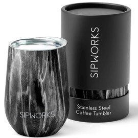 Sipworks Wine Tumbler with Lid - 12 oz Stainless Steel Tumblers with Removable Lid & Double Walled Vacuum Insulation - Leakproof, Shatterproof Insulated Wine Tumbler for Travel - Gray Marble