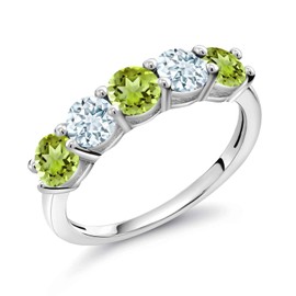 Gem Stone King 925 Sterling Silver Green Peridot and Sky Blue Aquamarine Wedding Band Ring For Women (0.96 Cttw, Round 3.5MM, Gemstone August Birthstone, Available In Size 5, 6, 7, 8, 9)