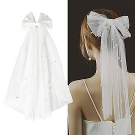 Bridal Hair Bow Bachelorette Veil for Brides Pearl Hair Clips for Wedding Party Prom Decorations Large White Bow for Bridal Shower Gifts for Bride To Be Bridesmaid Hair Bow Veil with Barrettes