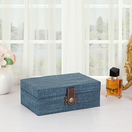 Hipwie Treasure Chest Jewelry Box - Wooden Decorative Box with Clasp Linen Covered Memento Case Box Rectangular Keepsake Box Photos Storage Organizer Home Decor,Blue