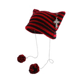 Crochet Hats for Women Vintage Beanies Women Fox Hat Grunge Goth Beanies Hat Y2K Accessories Slouchy Beanies for Women, Black Red, Medium
