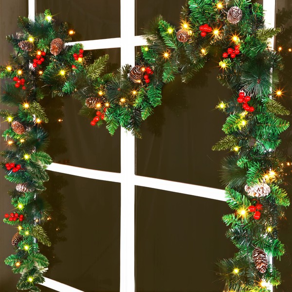 GUOOU 9 Foot Christmas Lighted Garland, Battery Operated Christmas Garland with Lights, Pre Lit Garland Wreath with Pine Cones for Indoor Home Winter Holiday New Year Xmas Decorations