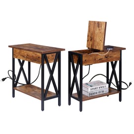 SUPER DEAL Set of 2 End Tables with Charging Station Narrow Side Table Modern Flip Top Nightstands with USB Ports and Outlets for Bedroom Bedside Living Room, Metal Frame, Industrial Rustic Brown