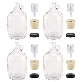 North Mountain Supply 1 Gallon Glass Fermenting Jug with Handle, 6.5 Rubber Stopper, 2-Piece Airlock, Black Plastic Lid - Set of 4