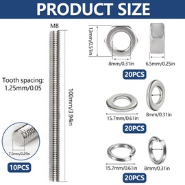 10 Stück Gewindestange Set, M8 x 100 mm Gewindestäbe Verzinkt mit 20 U-Scheiben und 20 A2 Sechskantmuttern 20 Federringe für Montage und Industrielle Fertigung