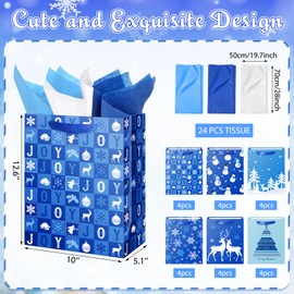 24 Large Christmas Gift Bags with 24 Tissue Paper, Bulk Winter Holiday Blue Gift Bags with Handles, 6 Styles Xmas Paper Treat Bags for Christmas Winter Holiday Presents Party Favors, 5.1x10x12.6 Inch