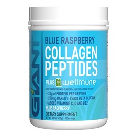 Giant Sports Péptidos de Colágeno | Plus Beta Glucano (WELLMUNE®) | Fuentes Bovinas Alimentadas con Pasto y Criadas en Pastos | Sabor Mora Azul | 30 ser | 450 gr