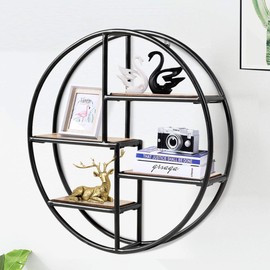 FANTASK Round Wall Shelf, Wood Floating Decorative Shelf w/ Metal Structure, Circle Décor Shelf for Office Bedroom Kitchen Study Living Room