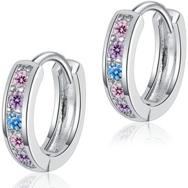 WOZNU Small Silver Hoop Earrings with Pink Zirconia for Girls, Women, Teenagers, 925 Sterling Silver Cartilage Tiny Sleeper Huggie Earrings, Rose Gold Hypoallergenic Earrings for Children