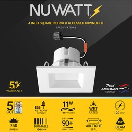 NUWATT 4 Pack, 4 Inch Retrofit LED Square Recessed Lighting, 5CCT 2700K/3000K/3500K/4000K/5000K Selectable, 750 Lumens 11W, Dimmable Ceiling Light, White Square Trim Can Light, Wet Rated, ETL Listed