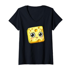 Womens Adorable Cheese Face Cartoon Smiling V-Neck T-Shirt